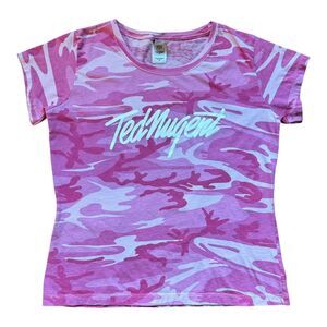 Ted Nugent Womens Pink Camouflage Shirt Size M Camo Fitted T-Shirt Shortsleeve